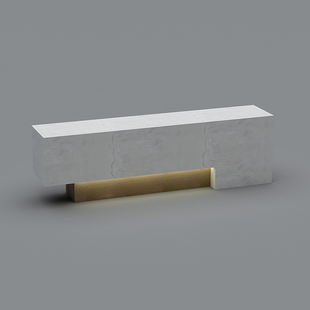 Modern white marble rectangular console table with gold metal base on grey background