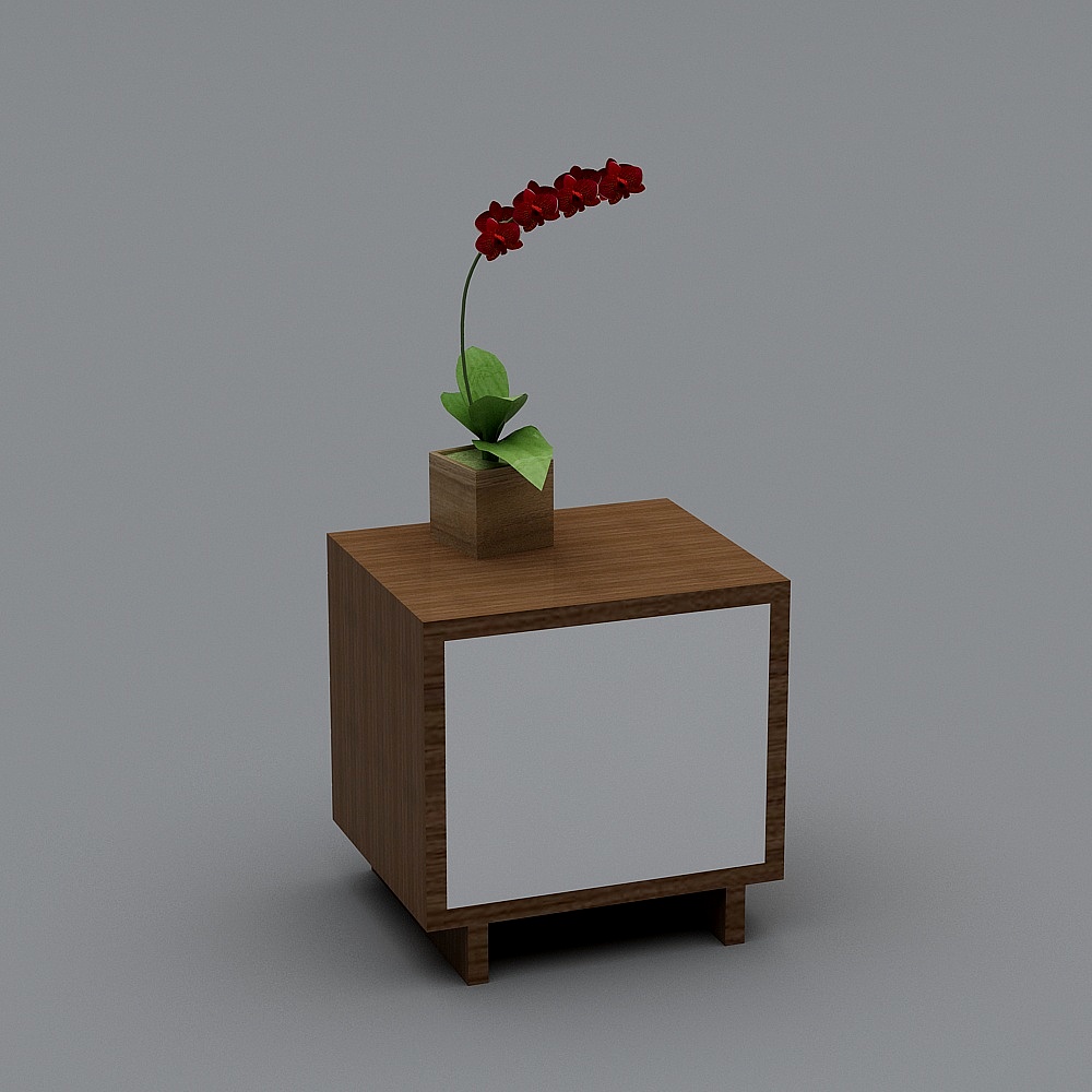 Modern brown wooden nightstand with white door and red flower on grey background