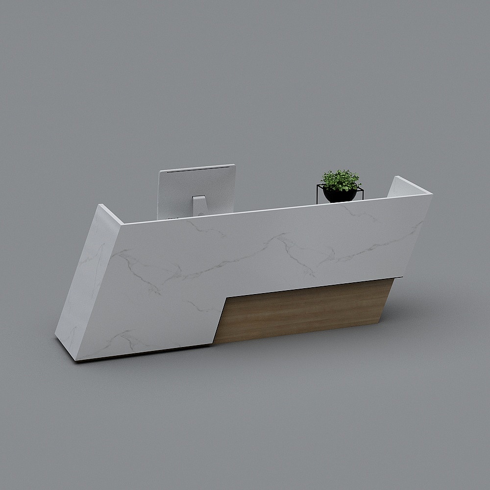 Modern white marble reception desk with wood base and computer on grey background