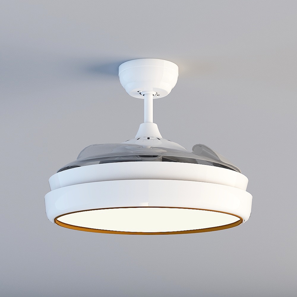 Modern white ceiling fan with light and gold trim on grey background
