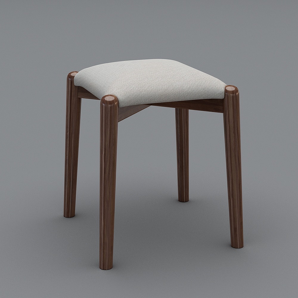 Modern wooden stool with white cushion seat and four legs on grey background