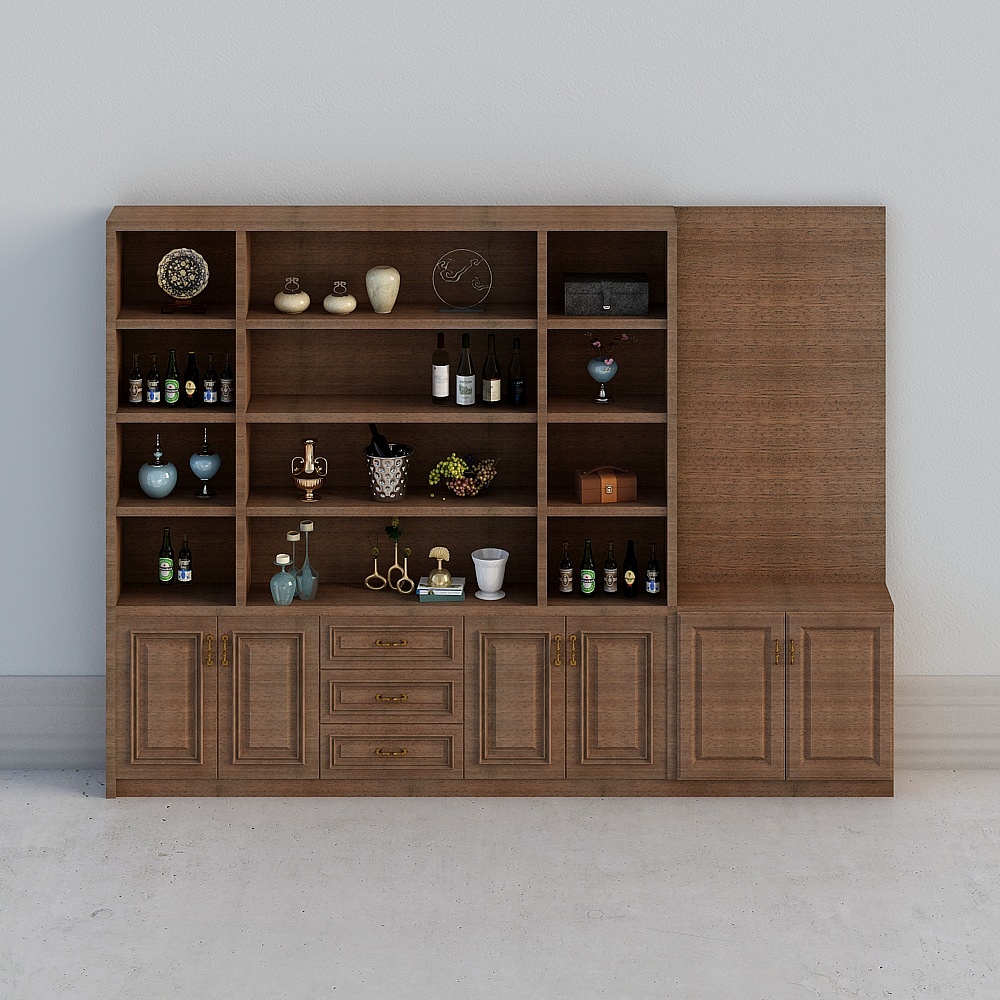 Large wooden wall cabinet with open shelves and closed storage on grey background