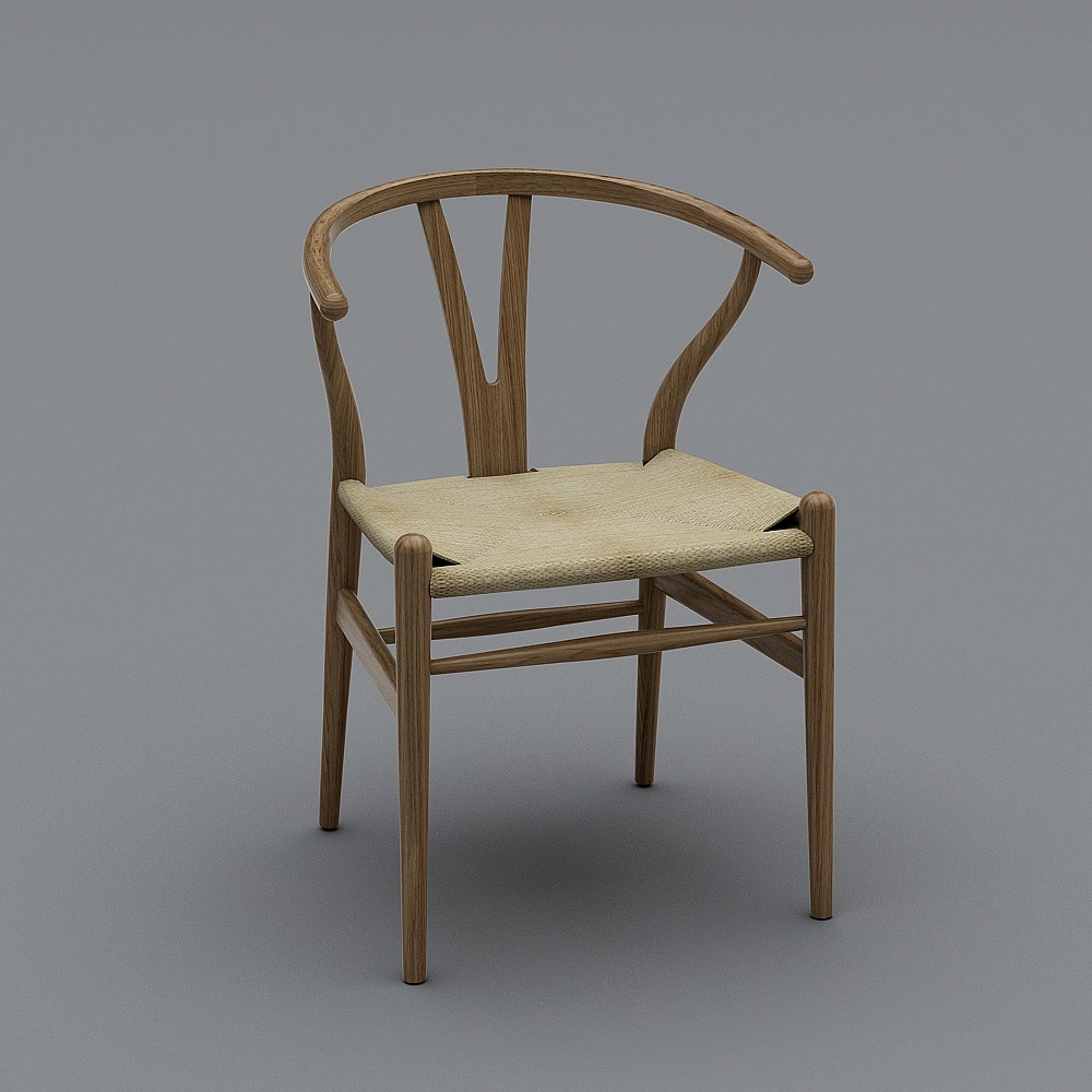 Light brown wooden wishbone chair with woven seat and curved backrest on grey background