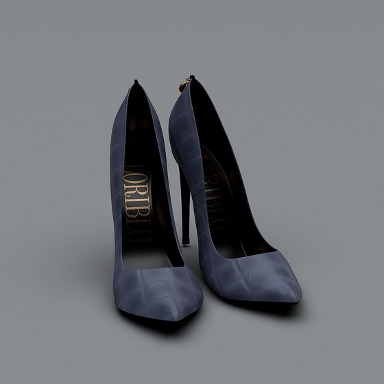 Pair of blue high heel shoes with gold zipper on grey background