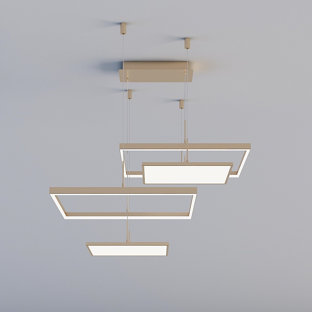 Modern beige metal ceiling light with four rectangular frames and white panels on grey background