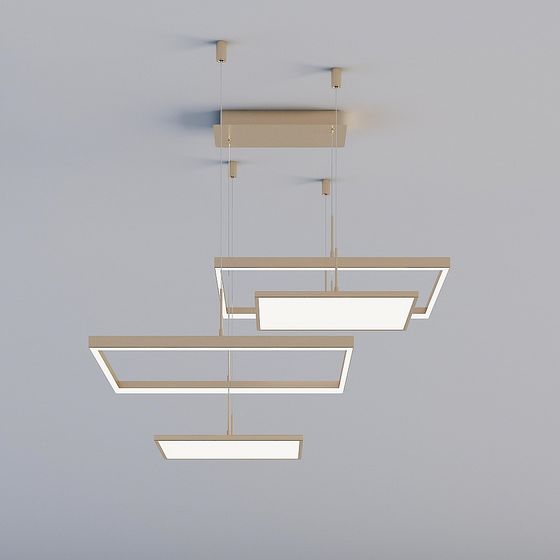Modern beige metal ceiling light with four rectangular frames and white panels on grey background