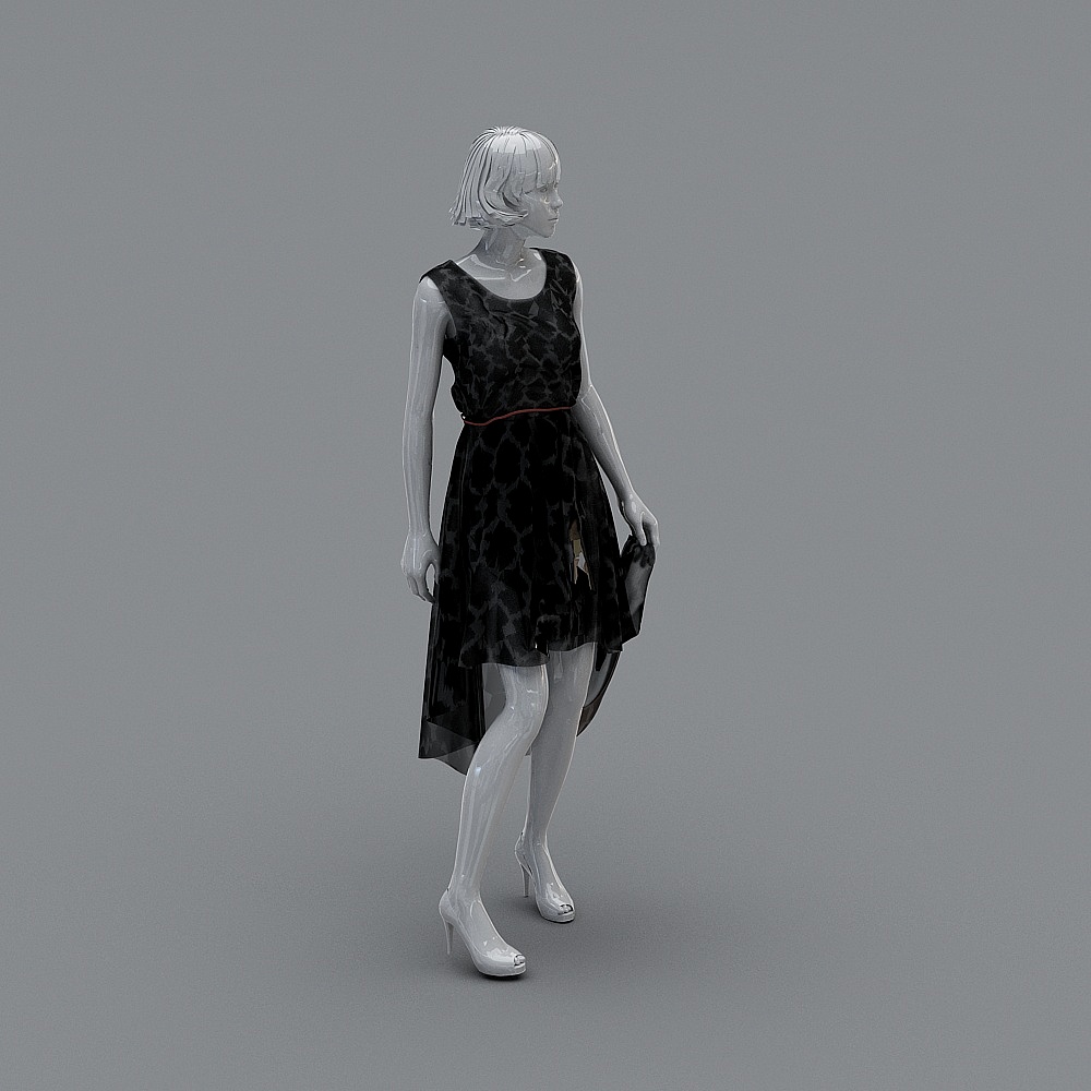 Female mannequin in black patterned dress with red belt and white heels on grey background