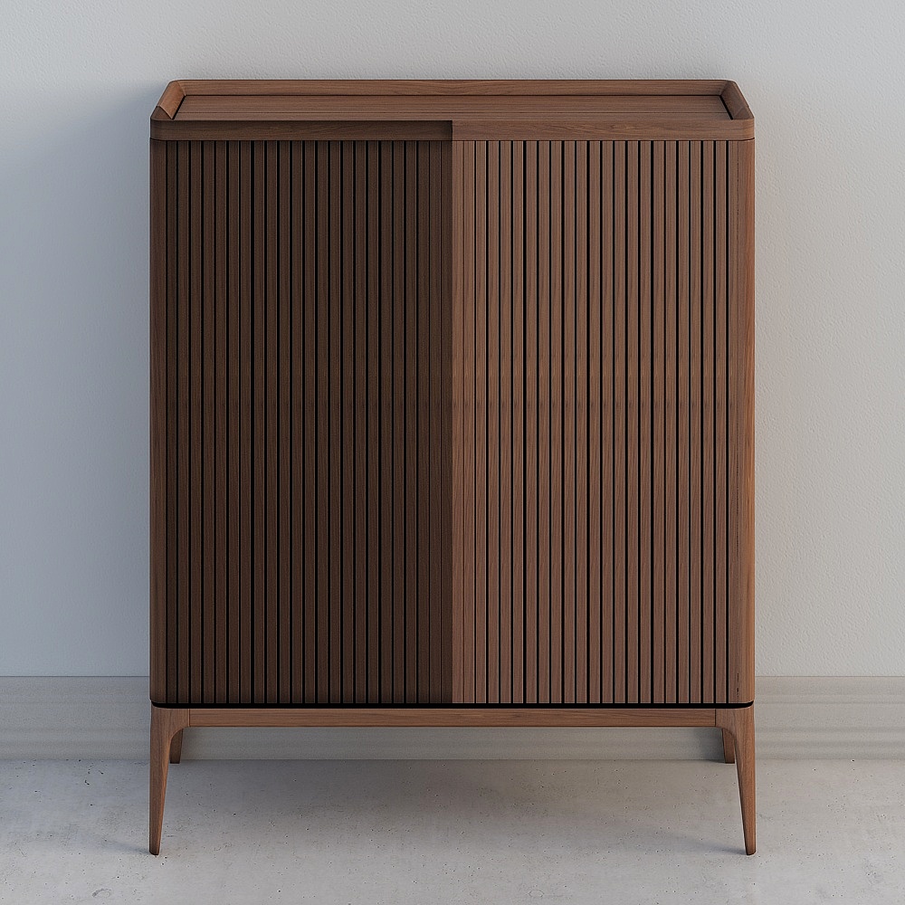Modern dark brown wood cabinet with vertical slat doors and tapered legs on white background