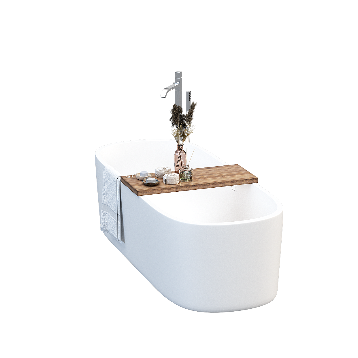Modern Minimalist Bathtub 3D Model – White & Wood Design