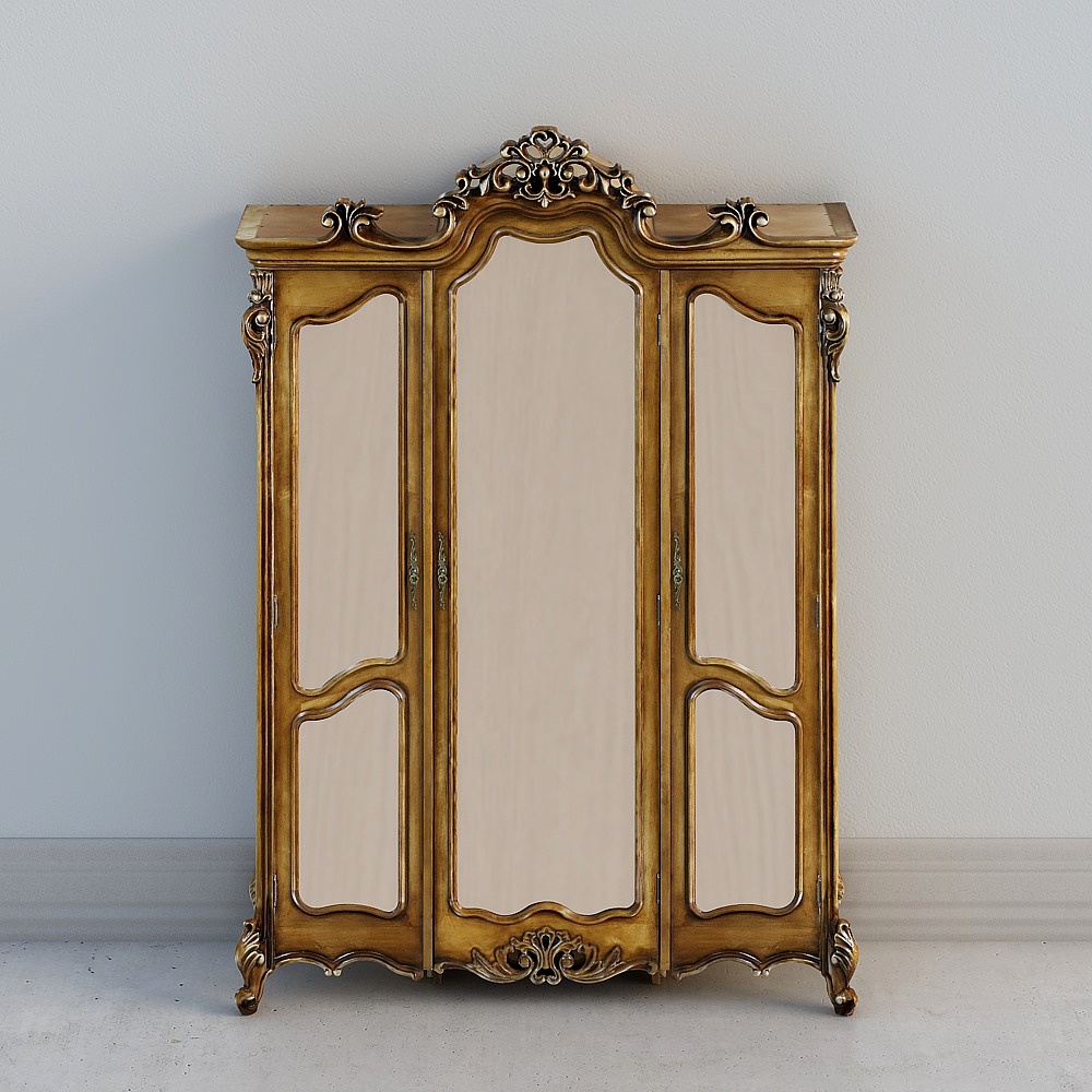 Classic gold wooden wardrobe with three doors and ornate carved details on grey background