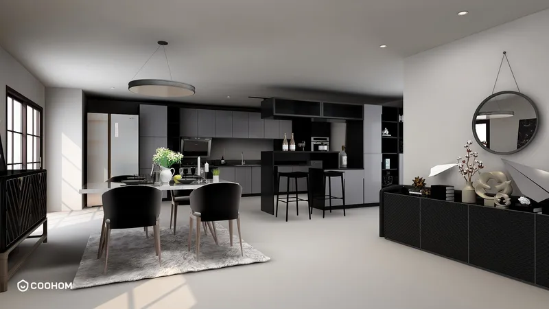 Modern open kitchen dining space with black chairs grey cabinets white rug and ceiling light