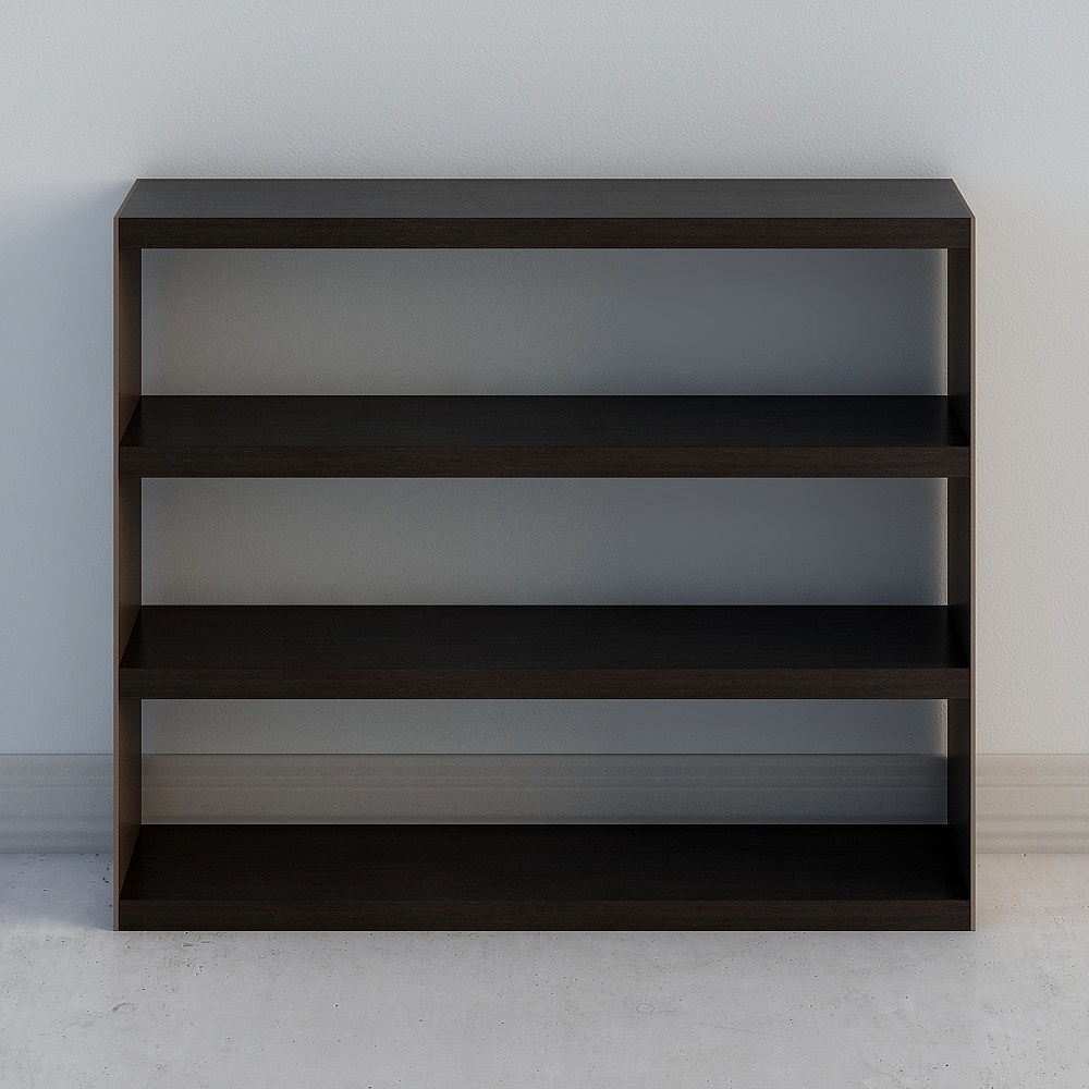 Modern dark brown wooden bookcase with four shelves on grey background