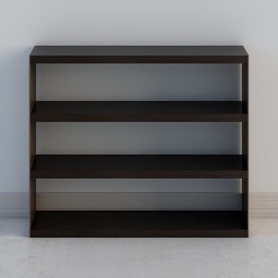 Modern dark brown wooden bookcase with four shelves on grey background