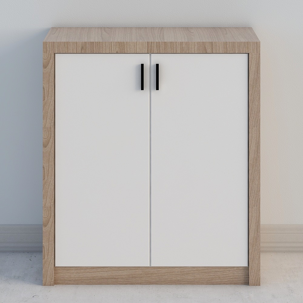 Modern cabinet with light oak wood frame and white doors on grey background