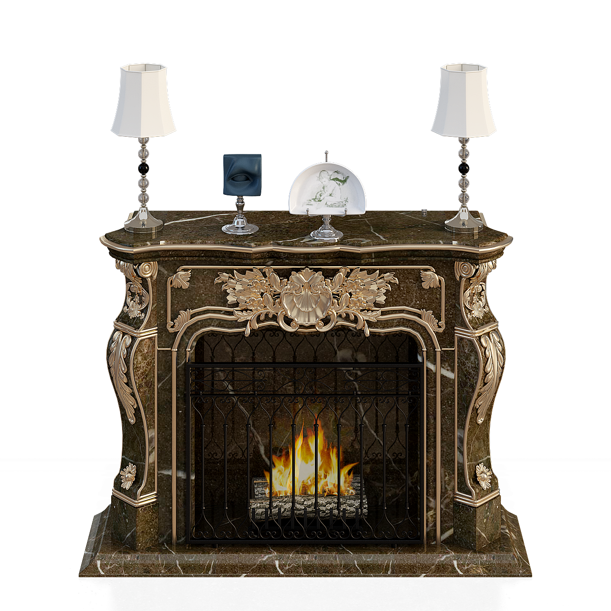 Grand Marble Fireplace 3D Model – Classic Marble & Gold