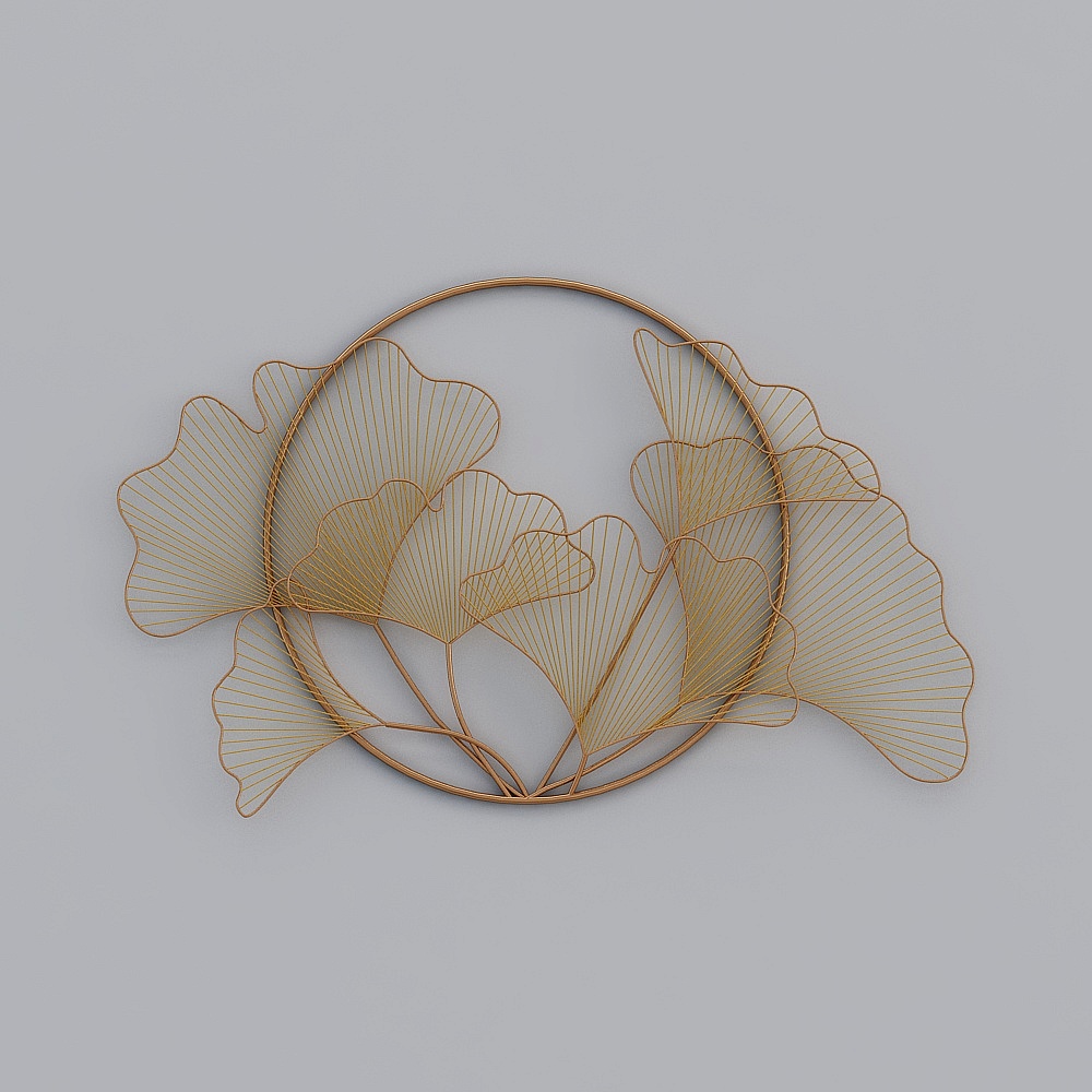 Gold metal wall art with leaf shapes in round frame on grey background