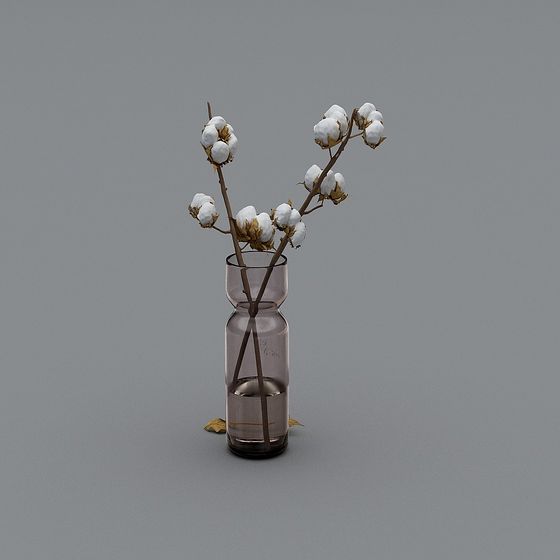 Cotton Branch and Glass Bottle 3D model