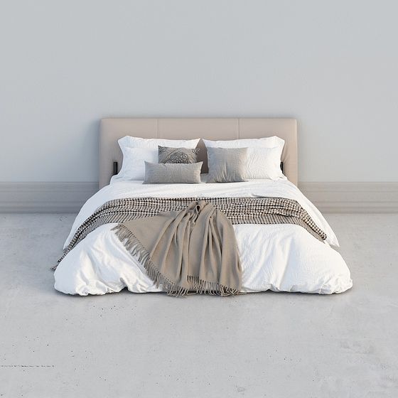 Modern beige upholstered bed with white bedding and grey pillows on grey background