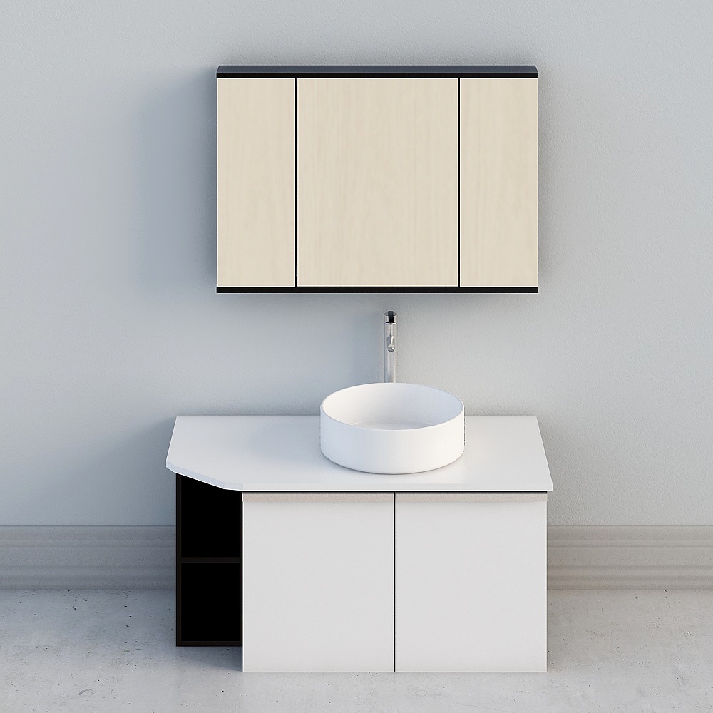 Modern white bathroom vanity with round sink and wall cabinet on grey background