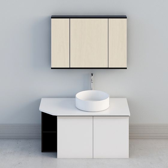 Modern white bathroom vanity with round sink and wall cabinet on grey background
