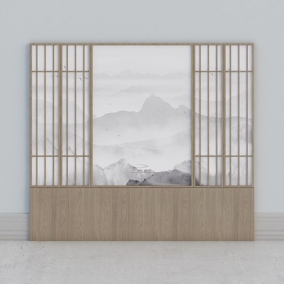 Japanese style wooden room divider with mountain print and solid base on white background
