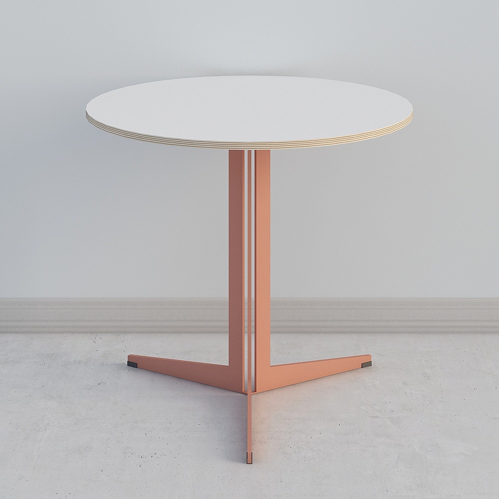 Modern round white table with copper metal base on grey background