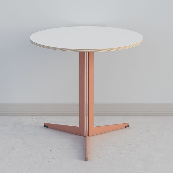 Modern round white table with copper metal base on grey background