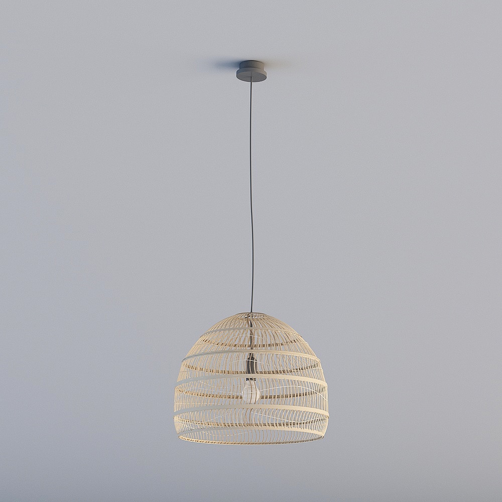 Natural beige woven rattan dome ceiling light with black cord on grey background