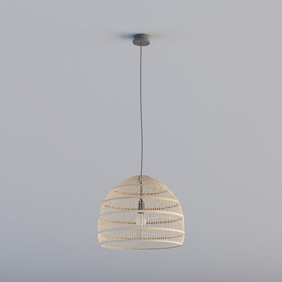 Natural beige woven rattan dome ceiling light with black cord on grey background