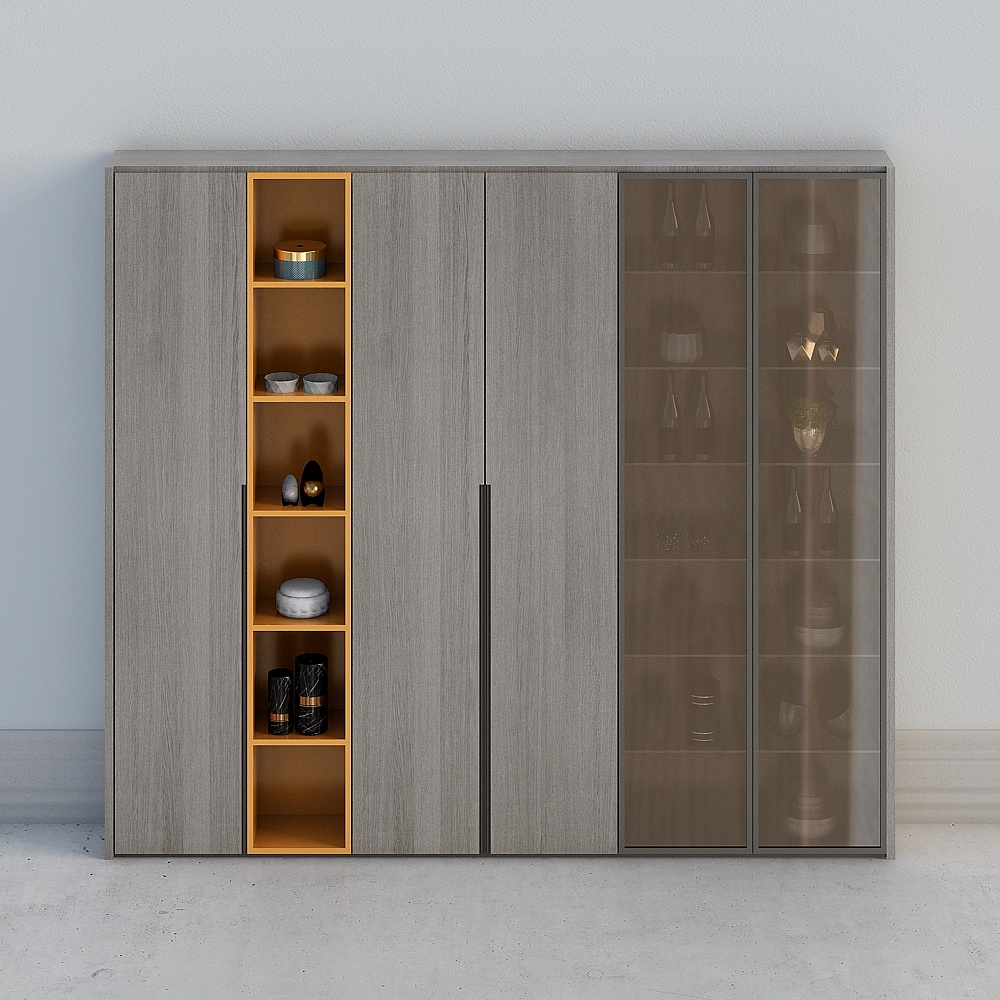 Modern grey wood cabinet with glass doors and yellow open shelves on white background