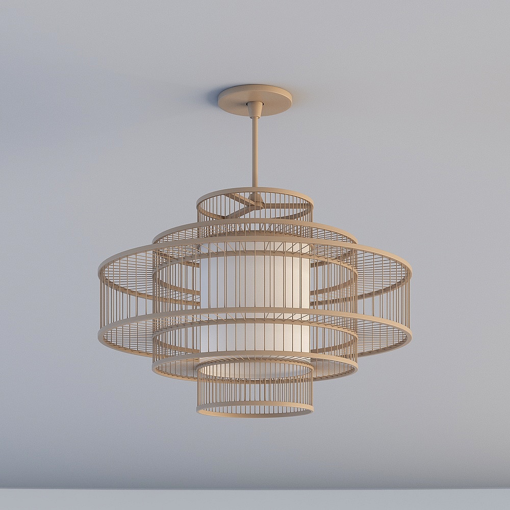 Modern beige metal ceiling light with wire cage and white cylinder shade on grey background