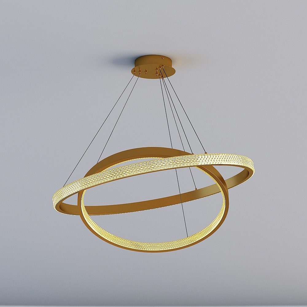 Modern gold ceiling light with two crystal rings and thin wires on grey background