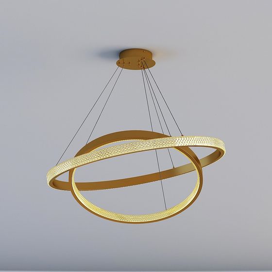 Modern gold ceiling light with two crystal rings and thin wires on grey background