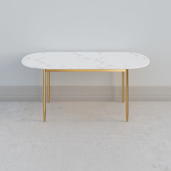 Elegant Oval Marble Coffee Table 3D Model – White Marble & Gold Legs