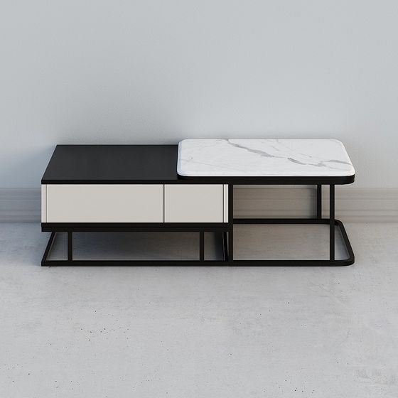 Urban Living Room Coffee Table 3D Model – Black Metal & Marble