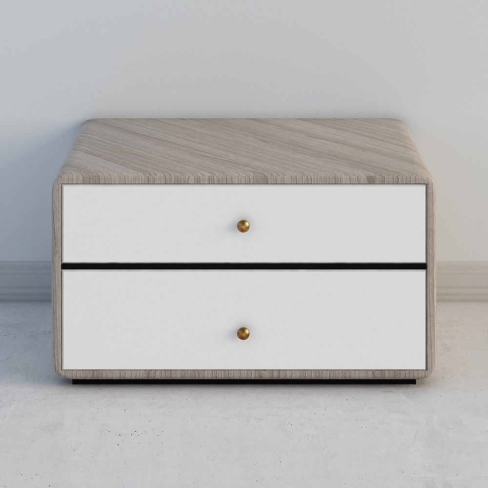 Modern light wood cabinet with two white drawers and gold knobs on grey background