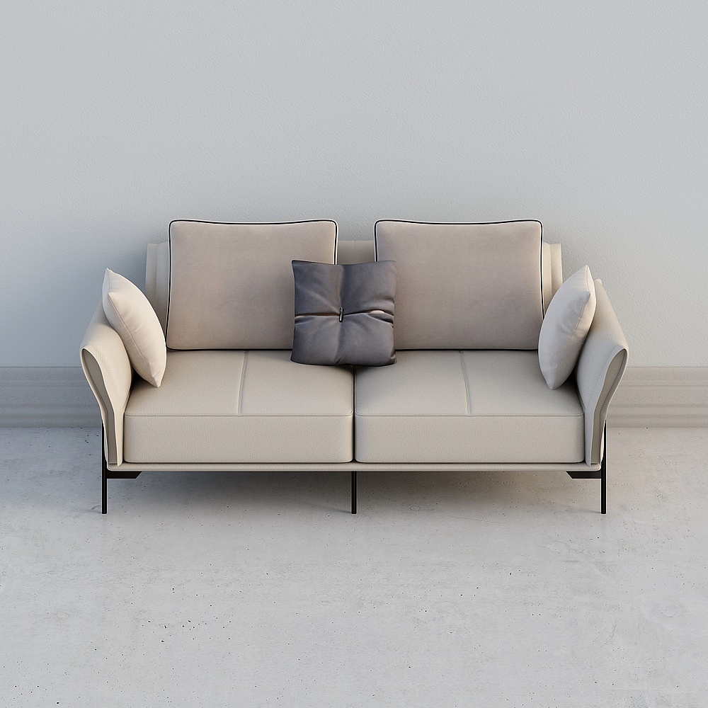 Modern beige leather two seat sofa with black metal legs and grey cushion on light grey background