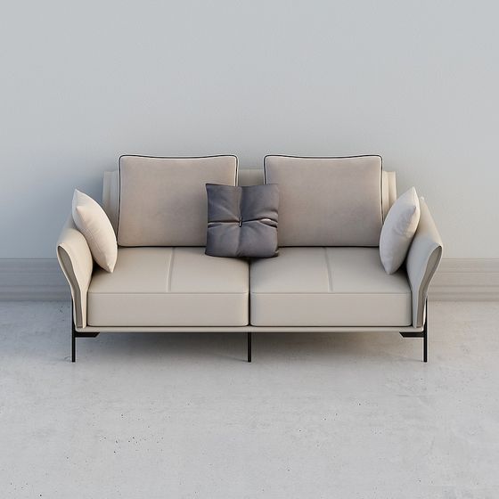 Modern beige leather two seat sofa with black metal legs and grey cushion on light grey background