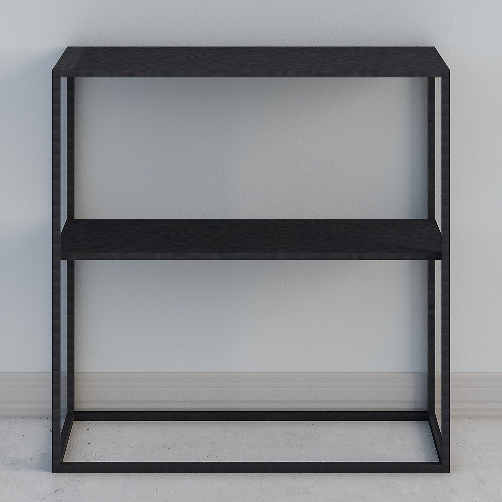 Modern black metal open shelving unit with two tiers and square frame on white background