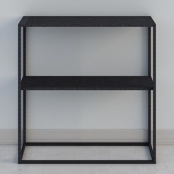 Modern black metal open shelving unit with two tiers and square frame on white background