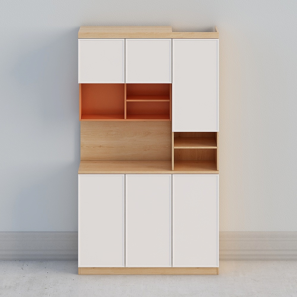 Modern white cabinet with light wood top and orange shelves on grey background