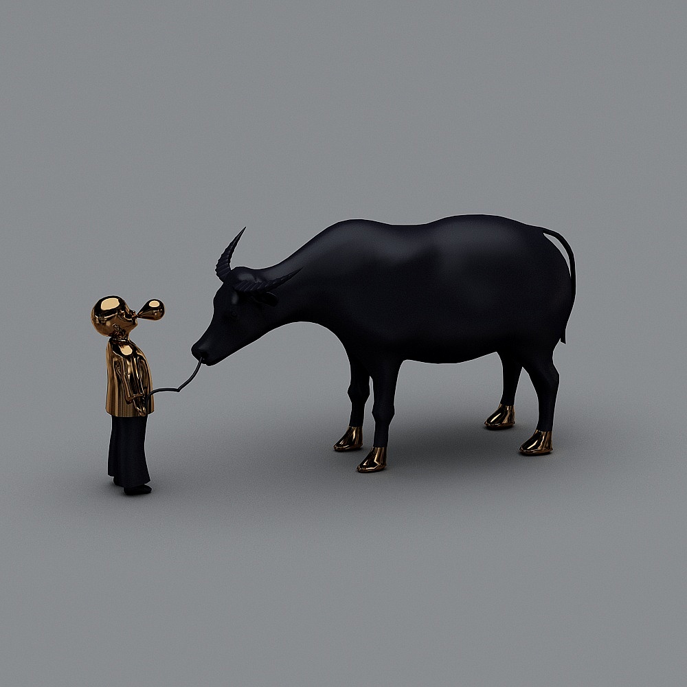 Detailed Black Water Buffalo 3D Model with Golden Human Figure