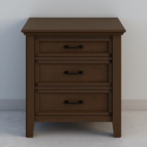 Modern brown wooden cabinet with three drawers and black handles on white background