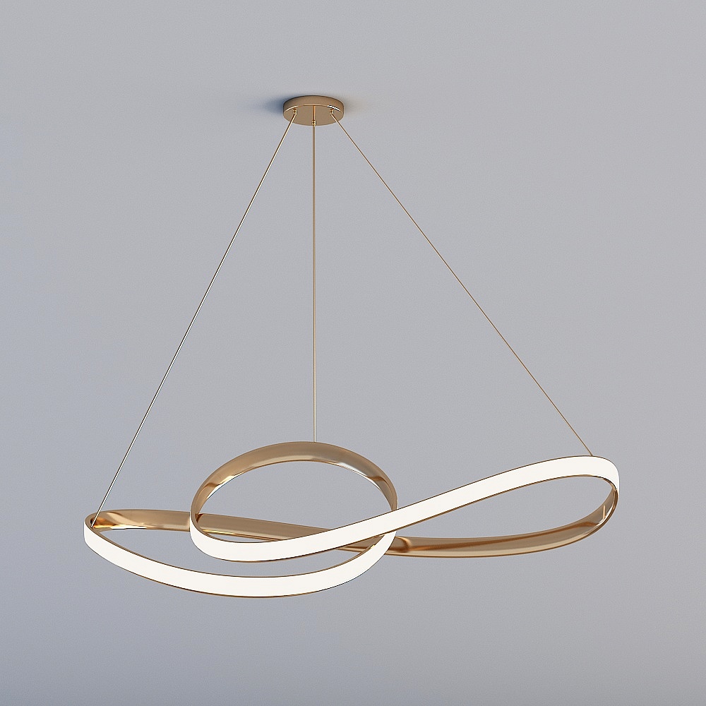 Modern gold and white ceiling light with two interlocking rings on grey background