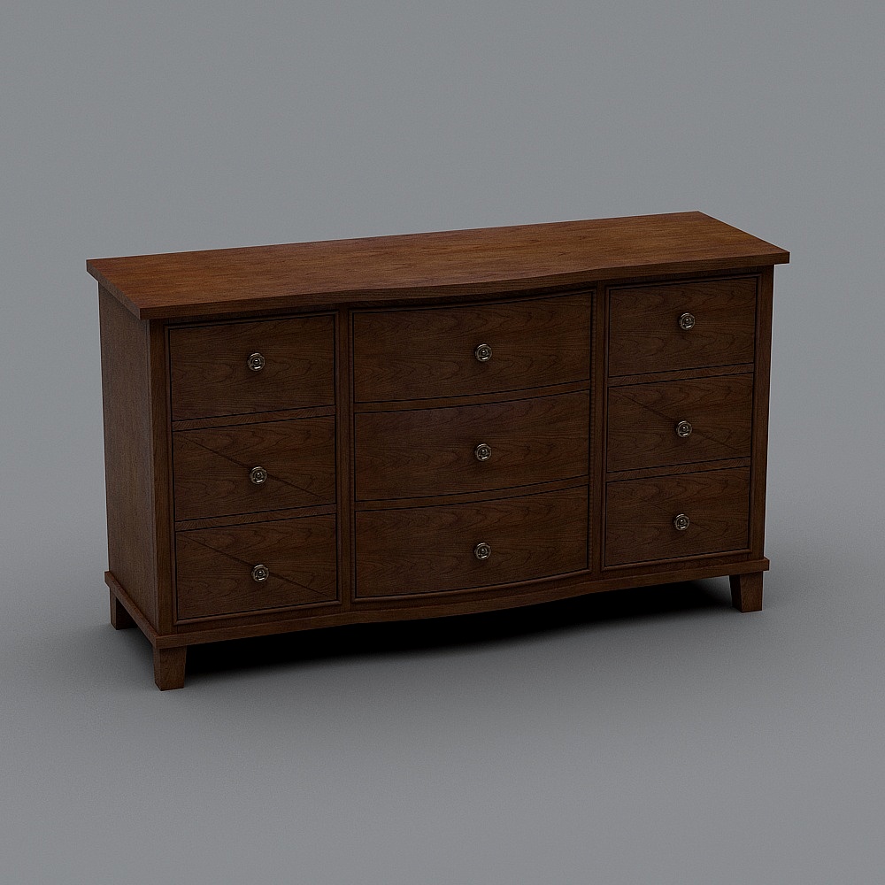 Dark brown wooden cabinet with nine drawers and silver knobs on grey background