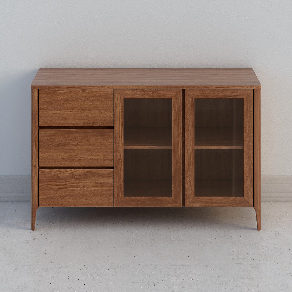 Modern walnut wood cabinet with drawers and glass doors on grey background