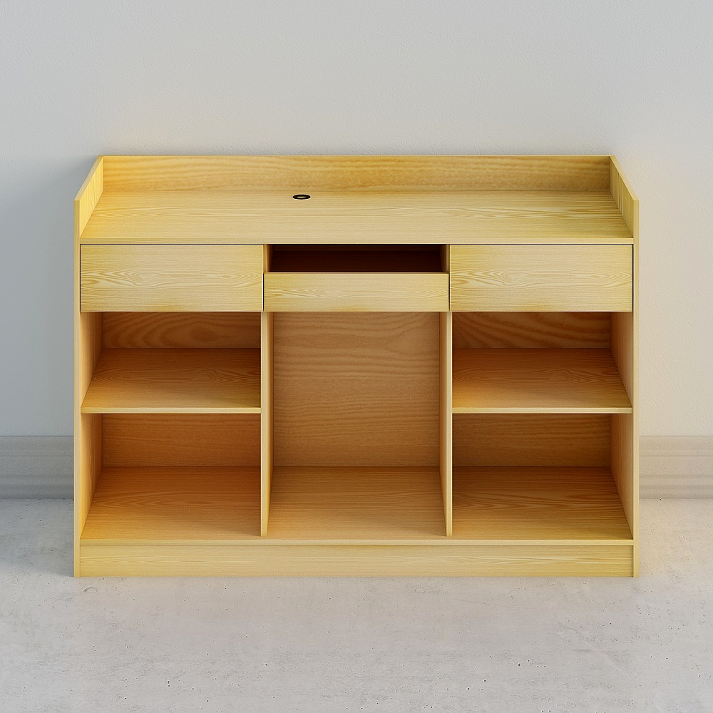 Light wood desk with drawers and open shelves on white background