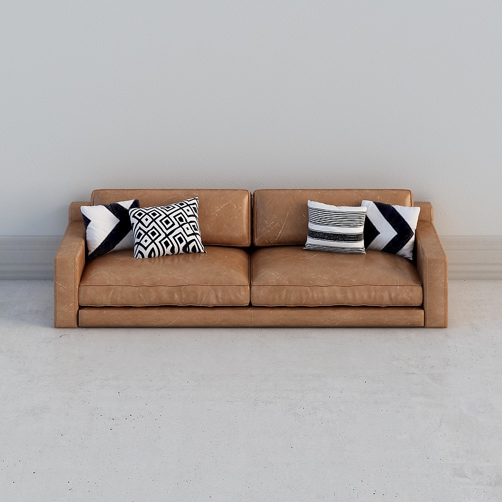 Modern brown leather sofa with black and white pattern pillows on grey background