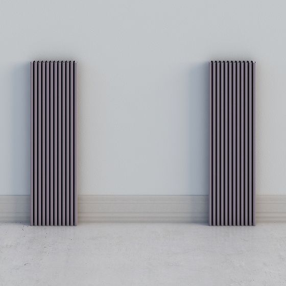 Two tall purple vertical radiators with metal tubes on white background