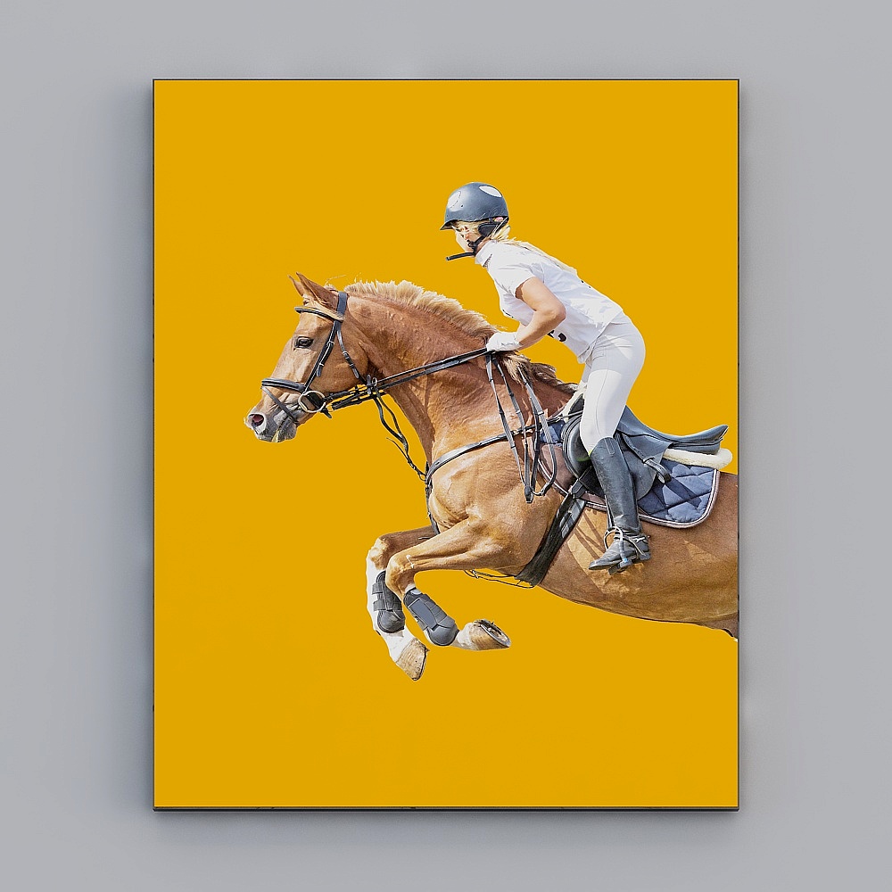 Brown Horse and Rider 3D model against Vibrant Yellow Background